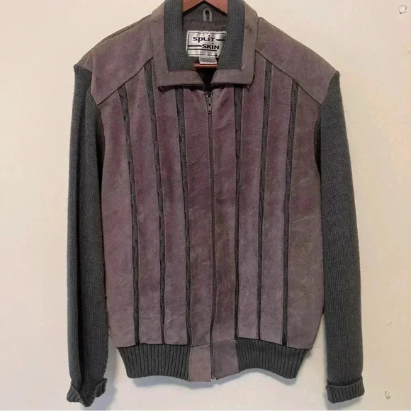 VTG Tan Suede Leather and Knit Gray Jacket Large 70s Bomber Split Skin-READ - Picture 1 of 9